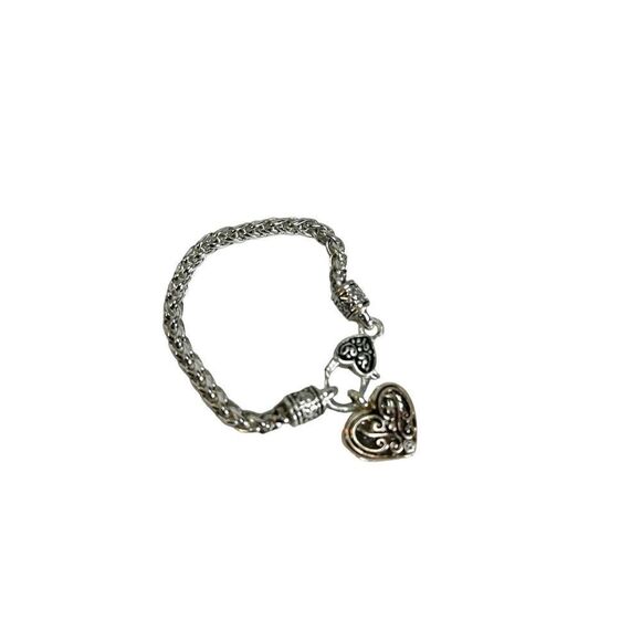 Designer Inspired Silver Tone Floral Wave Heart Drop Pendant Bracelet - Picture 4 of 5